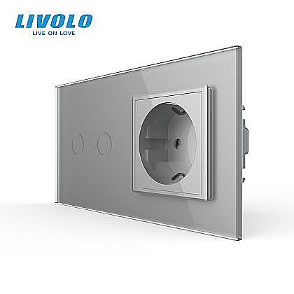 Prize+Intrerupator - Intrerupator dublu cu touch + priza Schuko, generatia noua, cu rama st gri