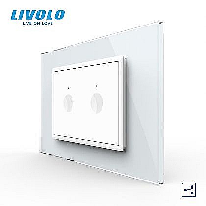 Intrerupatoare modulare Livolo - Intrerupator dublu tactil, cap scara / cap cruce, standard italian, cu rama sticla, 3M alb
