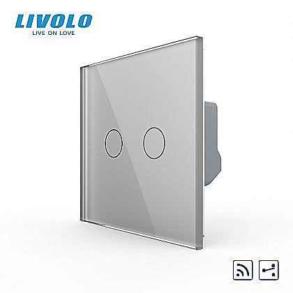 Intrerupatoare tactile - Întrerupător dublu tactil, wireless - control din telecomanda RF, cap scara / cap cruce, cu panou sticla, Generatia Noua gri