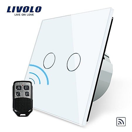 Intrerupatoare tactile - Întrerupător dublu, wireless + telecomandă tip breloc alb