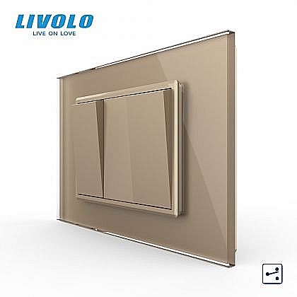 Livolo modular - Intrerupator mecanic dublu cap scara, 3M, cu rama sticla auriu