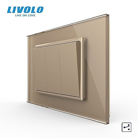 Livolo modular - Intrerupator mecanic triplu cap scara, 3M, cu rama sticla auriu