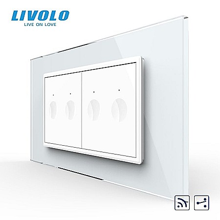 Intrerupatoare modulare Livolo - Intrerupator tactil dublu cap scara / cruce control telecomanda RF + Intrerupator tactil dublu cap scara / cruce control telecomanda RF, 4M, cu rama sticla alb