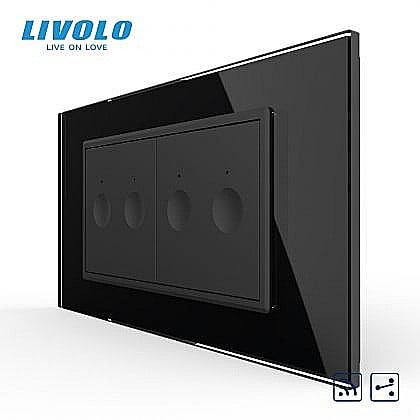 Livolo modular - Intrerupator tactil dublu cap scara / cruce control telecomanda RF + Intrerupator tactil dublu cap scara / cruce control telecomanda RF, 4M, cu rama sticla negru