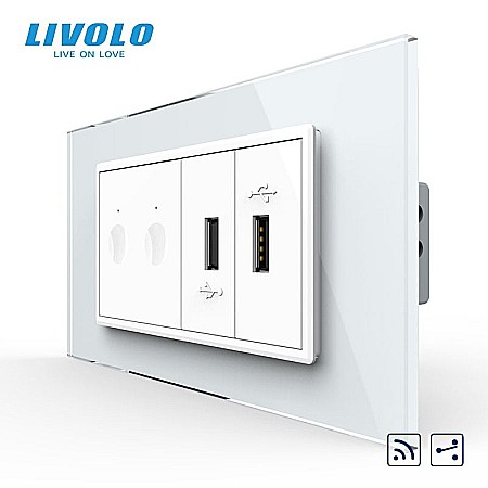 Intrerupatoare modulare Livolo - Intrerupator tactil dublu cap scara / cruce control telecomanda RF + priza dubla USB, 4M, cu rama sticla alb