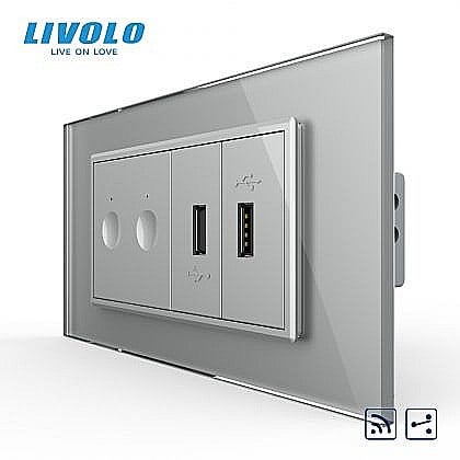 Prize+intrerupatoare modulare Livolo - Intrerupator tactil dublu cap scara / cruce control telecomanda RF + priza dubla USB, 4M, cu rama sticla gri