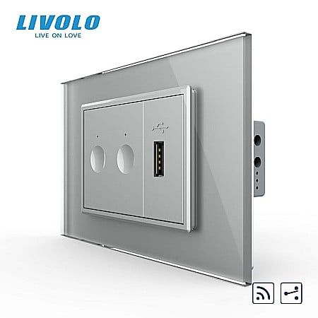 Livolo modular - Intrerupator tactil dublu cap scara / cruce, control telecomanda RF + priza USB, 3M, rama sticla gri