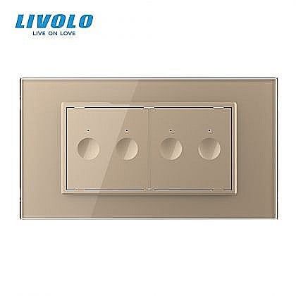 Intrerupatoare modulare Livolo - Intrerupator tactil dublu cap scara / cruce + Intrerupator tactil dublu cap scara / cruce, 4M, cu rama sticla auriu