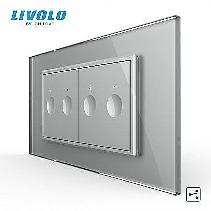 Intrerupatoare modulare Livolo - Intrerupator tactil dublu cap scara / cruce + Intrerupator tactil dublu cap scara / cruce, 4M, cu rama sticla gri