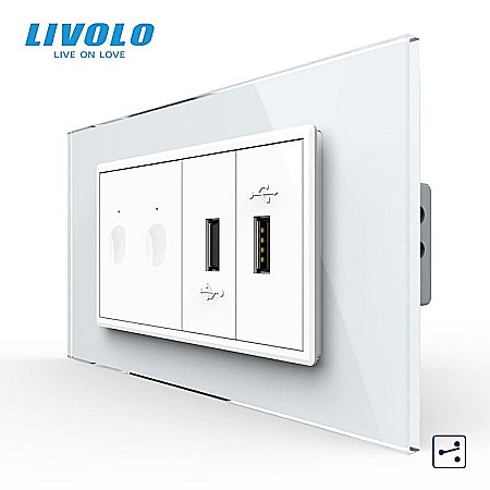 Prize+intrerupatoare modulare Livolo - Intrerupator tactil dublu cap scara / cruce + priza dubla USB, 4M, cu rama sticla alb