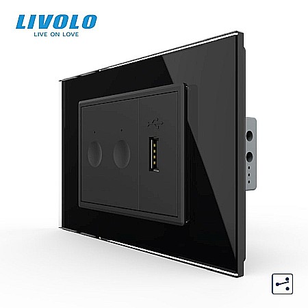 Livolo modular - Intrerupator tactil dublu cap scara / cruce + priza USB, 3M, rama sticla negru