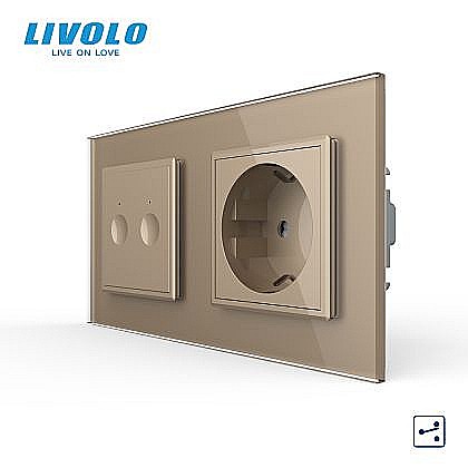 Intrerupatoare tactile - Intrerupator tactil dublu cap/scara + priza Schuko, generatia noua, cu rama sticla auriu