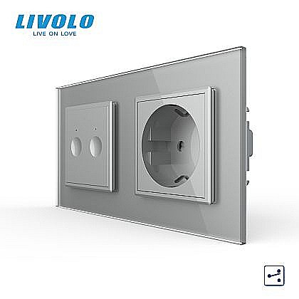 Intrerupatoare tactile - Intrerupator tactil dublu cap/scara + priza Schuko, generatia noua, cu rama sticla gri