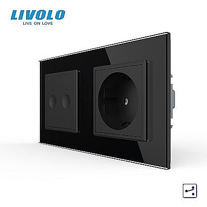 Intrerupatoare tactile - Intrerupator tactil dublu cap/scara + priza Schuko, generatia noua, cu rama sticla negru