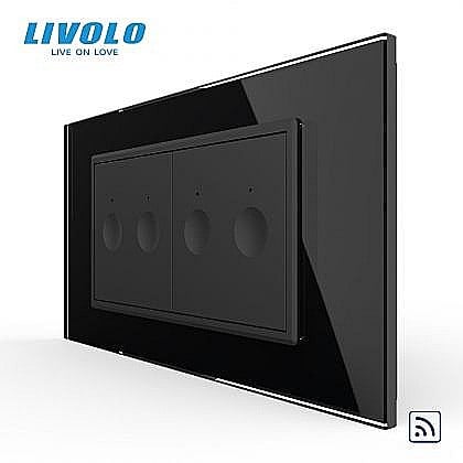 Intrerupatoare modulare Livolo - Intrerupator tactil dublu control telecomanda RF + Intrerupator tactil dublu control telecomanda RF, 4M, cu rama sticla negru