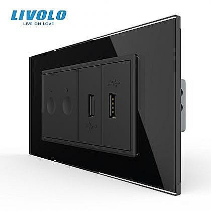Prize+intrerupatoare modulare Livolo - Intrerupator tactil dublu + priza dubla USB, 4M, cu rama sticla negru