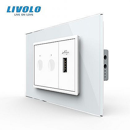 Prize+intrerupatoare modulare Livolo - Intrerupator tactil dublu + priza USB, 3M, rama sticla alb