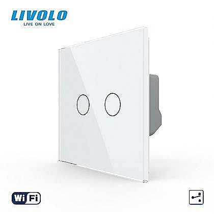 Intrerupatoare tactile - Intrerupator tactil dublu WiFi, cap / scara / cruce, cu panou sticla alb