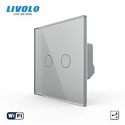 Intrerupatoare tactile - Intrerupator tactil dublu WiFi, cap / scara / cruce, cu panou sticla gri