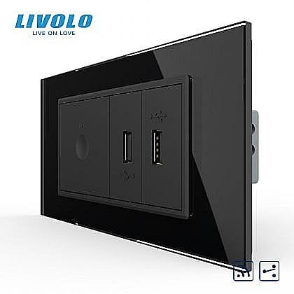 Prize+intrerupatoare modulare Livolo - Intrerupator tactil simplu cap scara / cruce control telecomanda RF + priza dubla USB, 4M, cu rama sticla negru