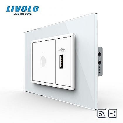 Prize+intrerupatoare modulare Livolo - Intrerupator tactil simplu cap scara / cruce control telecomanda RF + priza USB, 3M, rama sticla alb