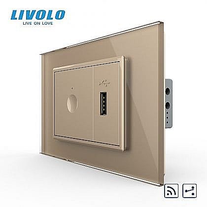 Prize+intrerupatoare modulare Livolo - Intrerupator tactil simplu cap scara / cruce control telecomanda RF + priza USB, 3M, rama sticla auriu