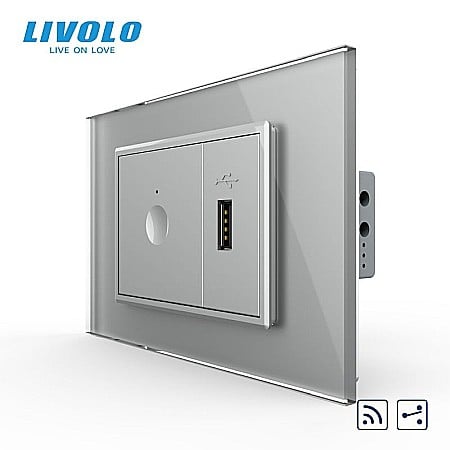 Livolo modular - Intrerupator tactil simplu cap scara / cruce control telecomanda RF + priza USB, 3M, rama sticla gri