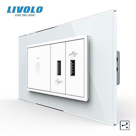 Prize+intrerupatoare modulare Livolo - Intrerupator tactil simplu cap scara / cruce + priza dubla USB, 4M, cu rama sticla alb