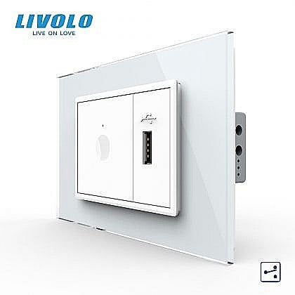 Prize+intrerupatoare modulare Livolo - Intrerupator tactil simplu cap scara/ cruce + priza USB, 3M, rama sticla alb
