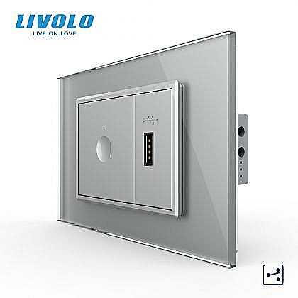 Prize+intrerupatoare modulare Livolo - Intrerupator tactil simplu cap scara/ cruce + priza USB, 3M, rama sticla gri