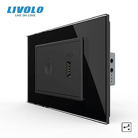 Livolo modular - Intrerupator tactil simplu cap scara/ cruce + priza USB, 3M, rama sticla negru