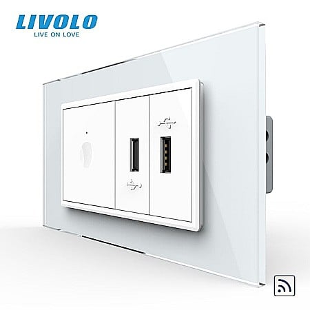 Livolo modular - Intrerupator tactil simplu control telecomanda RF + priza dubla USB, 4M, cu rama sticla alb