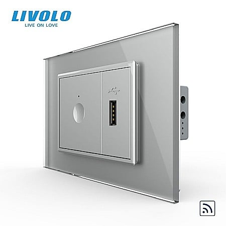Livolo modular - Intrerupator tactil simplu control telecomanda RF + priza USB, 3M, rama sticla gri