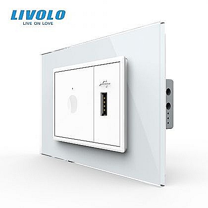 Prize+intrerupatoare modulare Livolo - Intrerupator tactil simplu + priza USB, 3M, rama sticla alb