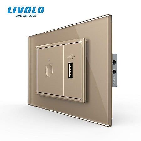 Livolo modular - Intrerupator tactil simplu + priza USB, 3M, rama sticla auriu