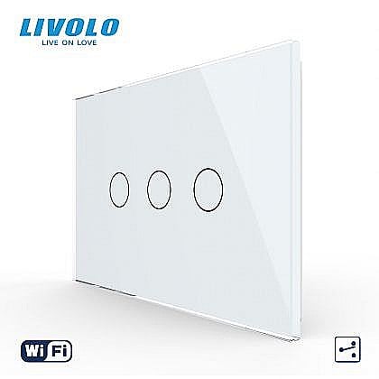 Intrerupatoare modulare Livolo - Intrerupator triplu, standard italian, cap scara / cap cruce, conexiune WiFi, cu panou sticla, 3M alb