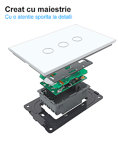 Intrerupator triplu, standard italian, cap scara / cap cruce, control telecomanda RF, cu panou sticla, 3M alb [7]