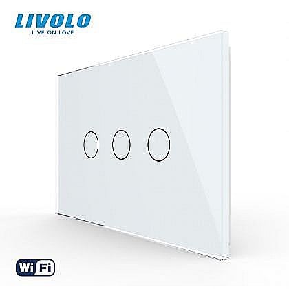 Intrerupatoare modulare Livolo - Intrerupator triplu, standard italian, conexiune WiFi, cu panou sticla, 3M alb