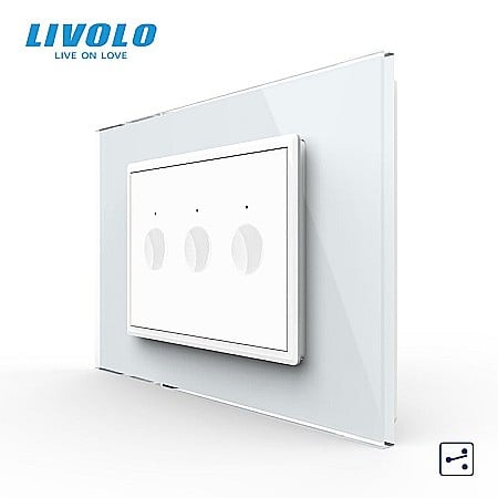 Intrerupatoare modulare Livolo - Intrerupator triplu tactil, cap scara / cap cruce, standard italian, cu rama sticla, 3M alb