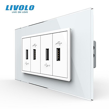 Livolo modular - Priza cvadrupla USB, 4M, cu rama sticla alb