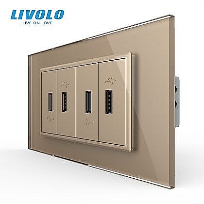 Prize modulare Livolo - Priza cvadrupla USB, 4M, cu rama sticla auriu