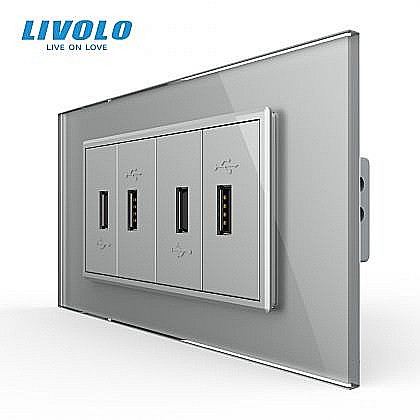 Prize modulare Livolo - Priza cvadrupla USB, 4M, cu rama sticla gri