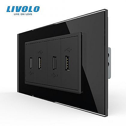 Prize modulare Livolo - Priza cvadrupla USB, 4M, cu rama sticla negru
