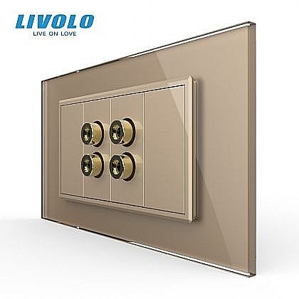Prize modulare Livolo - Priza dubla audio tip banana, 4M, cu rama sticla auriu