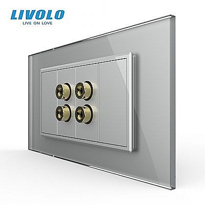 Prize modulare Livolo - Priza dubla audio tip banana, 4M, cu rama sticla gri