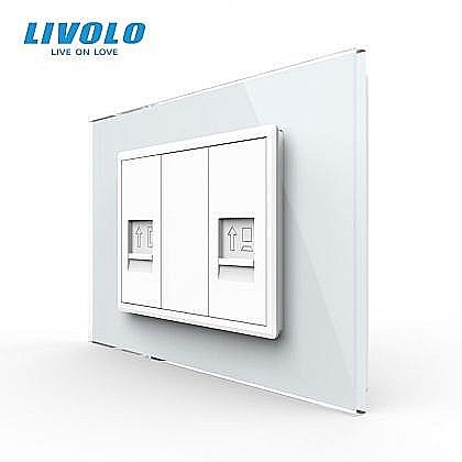 Prize modulare Livolo - Priza dubla telefon + retea calculator 3M, R11+RJ45, cu rama sticla alb