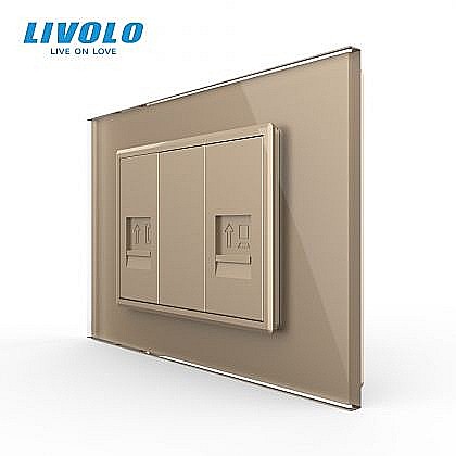 Prize modulare Livolo - Priza dubla telefon + retea calculator 3M, R11+RJ45, cu rama sticla auriu
