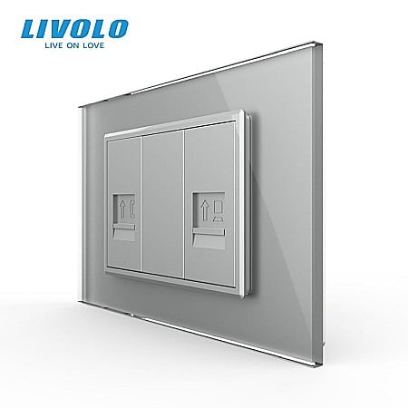 Livolo modular - Priza dubla telefon + retea calculator 3M, R11+RJ45, cu rama sticla gri