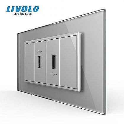 Prize si intrerupatoare - Priza dubla USB, 4M, cu rama sticla gri