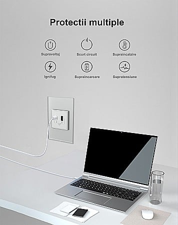 Priza dubla USB + USB tip C, cu rama sticla auriu [5]
